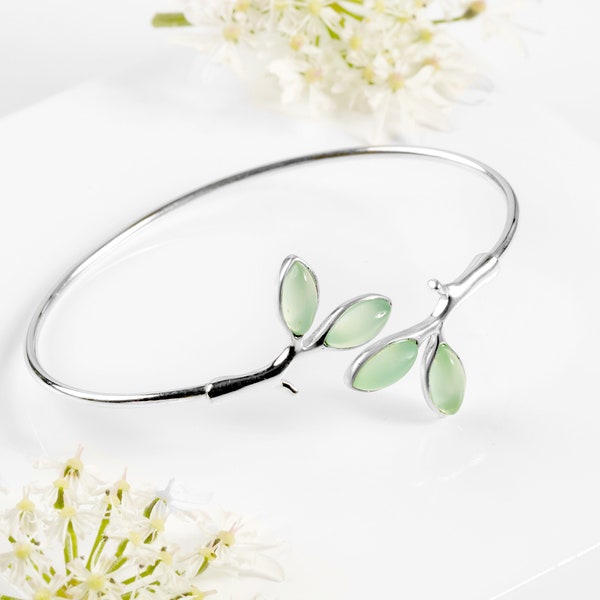 Olive Leaf Bangle in Sterling Silver and Prehnite, Leaf Bracelet, Green Leaf Jewelry, Handmade Leaf Cuff Bracelet, Adjustable Bangle