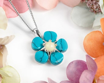 Sterling Silver Forget-Me-Not Necklace in Turquoise, Floral Necklace, Turquoise Necklace, Boho Jewelry, Gift for Girlfriend