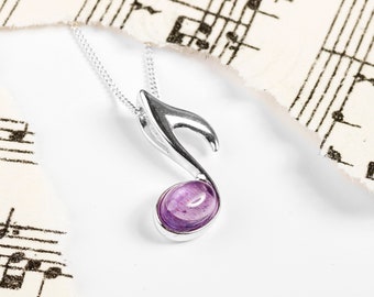 Sterling Silver Quaver Necklace in Amethyst, Music Note Necklace, Eighth Note Music Charm, Gift for Music Lover, Music Teacher Gift