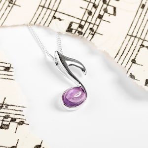 Sterling Silver Quaver Necklace in Amethyst, Music Note Necklace, Eighth Note Music Charm, Gift for Music Lover, Music Teacher Gift