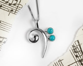 Bass Clef Necklace in Sterling Silver and Turquoise, Music Gift, Musical Gift for Music Lover, Music Teacher Gift, F Clef Necklace