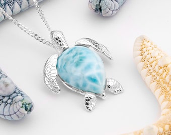 Larimar Sea Turtle Necklace: Sterling Silver Ocean Jewelry