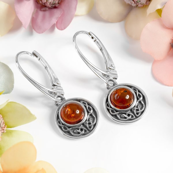 Celtic Earrings in Sterling Silver and Baltic Amber, Celtic Jewelry, Scottish Jewelry, Welsh Jewelry, Irish Jewelry, Amber Earrings