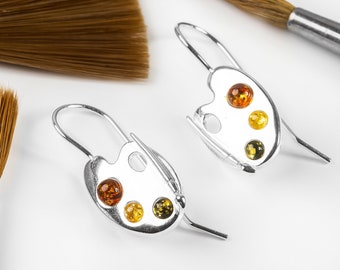 Artist Palette Earrings in Sterling Silver and Amber, Artist Gifts, Artist Earrings, Statement Earrings