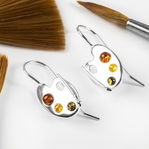 Artist Palette Earrings in Sterling Silver and Amber, Artist Gifts, Artist Earrings, Statement Earrings