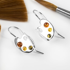 Artist Palette Earrings in Solid Sterling Silver and Natural Gemstone, Artist Gifts, Artist Earrings, Statement Earrings, Art Teacher Gifts