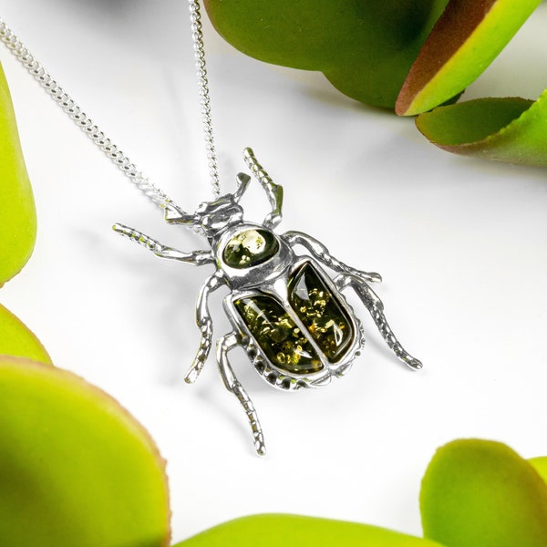 Noble Chafer Beetle Necklace in Green Amber and Sterling Silver, Insect Necklace, Nature Jewelry, Boho Necklace