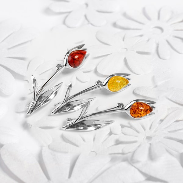 Tulip Brooch in 925 Sterling Silver and Baltic Amber, Coral Silver Flower Pin, Floral Pin, Floral Brooch, Mothers Day Gift