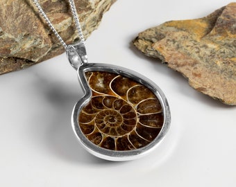 Handcrafted Ammonite Fossil Necklace from Madagascar set in Sterling Silver, Natural Designer Gemstone, Statement Necklace