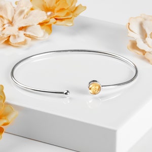 Citrine and Sterling Silver Simple Cuff Bangle, Minimal Bracelet, Gemstone Bangle, Solo Stacking Bangle, Citrine Birthstone Gift