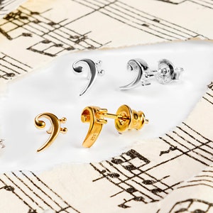 Sterling Silver Bass Clef Stud Earrings: Musical Gift, Gold Plated Accents