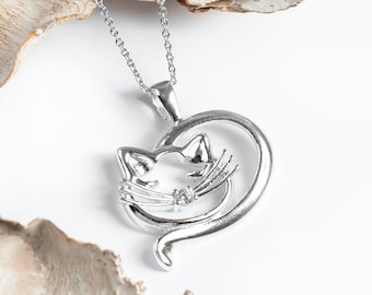 Sterling Silver Sleeping Cat Necklace, Cat Jewelry, Cat Lover Gift,  Kitten Pendant, Gift for Feline Lover, Cute Necklace