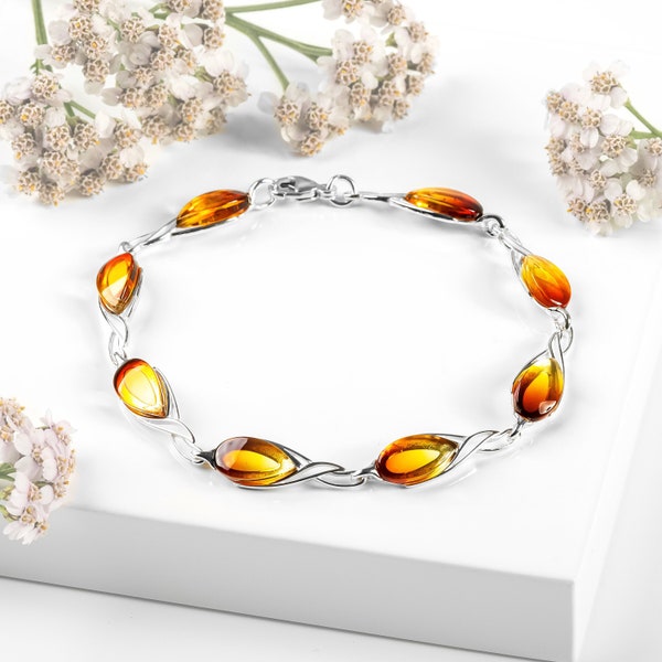 Sunset Baltic Amber and Sterling Silver Bracelet, Healing Amber Jewelry, Boho Style Jewellery, Gift for Her