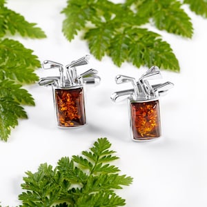 Golf Club Cufflinks in Solid 925 Sterling Silver and Baltic Amber, Golf Bag Cufflinks, Golfer Gifts, Wedding Gift For Him, Fathers Day Gifts image 1