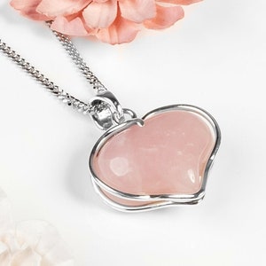 Rose Quartz Heart Necklace: 925 Sterling Silver Pendant, Love Stone