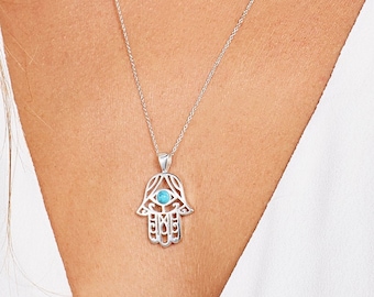 Hamsa Necklace in Sterling Silver and Turquoise, Hamsa Hand Necklace, Hamsa Hand Charm, Women's Meditation Jewelry, Gift for Yoga Lover