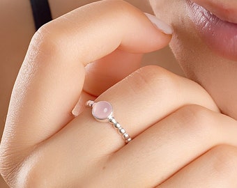 Rose Quartz and Sterling Silver Ring, Gemstone Ring, Round Charm Ring, Stacking Ring, Boho Ring, Minimal Ring, Rose Quartz Ring