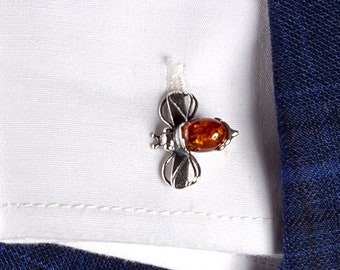 Bumble-Bee Cufflinks in 925 Sterling Silver & Cognac Amber, Mens Cufflinks, Bee Jewelry For Men, Gift For Him, Gift for Dad, Wedding Present