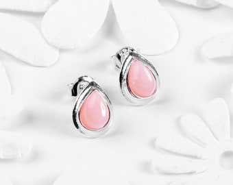 Peruvian Pink Opal Earrings in Sterling Silver, Dainty Earrings, Minimal Earrings, Opal Gift, Teardrop Earrings, October Birthstone Gift