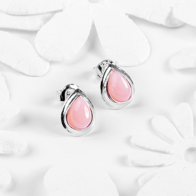 Peruvian Pink Opal Earrings in Sterling Silver, Dainty Earrings, Minimal Earrings, Opal Gift, Teardrop Earrings, October Birthstone Gift image 1