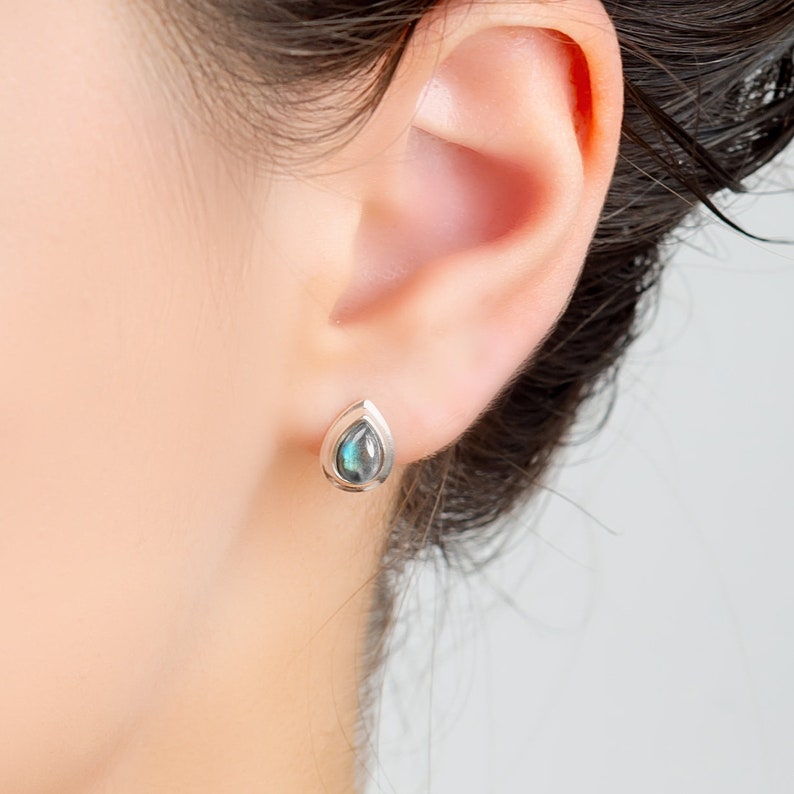 Labradorite Earrings in Sterling Silver, Dainty Earrings, Minimal Earrings, Tiny Studs, Labradorite Jewelry, Boho Earrings, Birthstone Gift image 2