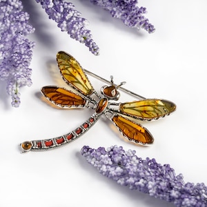 Sterling Silver Dragonfly Brooch in Amber, Dragonfly Pin, Statement Brooch, Boho Jewelry, Handmade Brooch, Dragonfly Jewelry