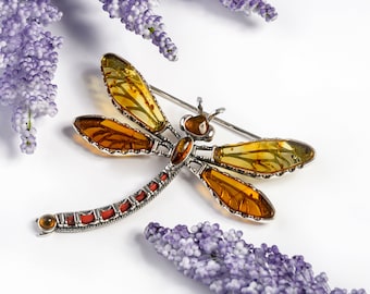 Sterling Silber Libellen Brosche in Bernstein, Libelle Pin, Statement Brosche, Boho Schmuck, Handgemachte Brosche, Libellen Schmuck