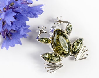 Frog Brooch in Silver and Green Amber, Sterling Silver Frog Lapel Pin, Statement Brooch, Amphibian Jewelry Gift, Women's Jewellery