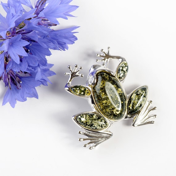 Vintage Sterling Silver and Natural Amber Frog Brooch