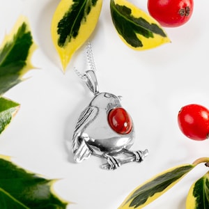 Red Robin Necklace in Sterling Silver and Coral, Silver Bird Necklace, Festive Jewelry, Christmas Gift