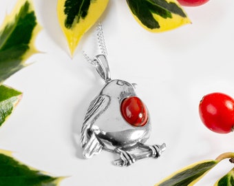 Rot Rotkehlchen Halskette in Sterling Silber und Koralle, Silber Vogel Halskette, Festlicher Schmuck, Weihnachtsgeschenk