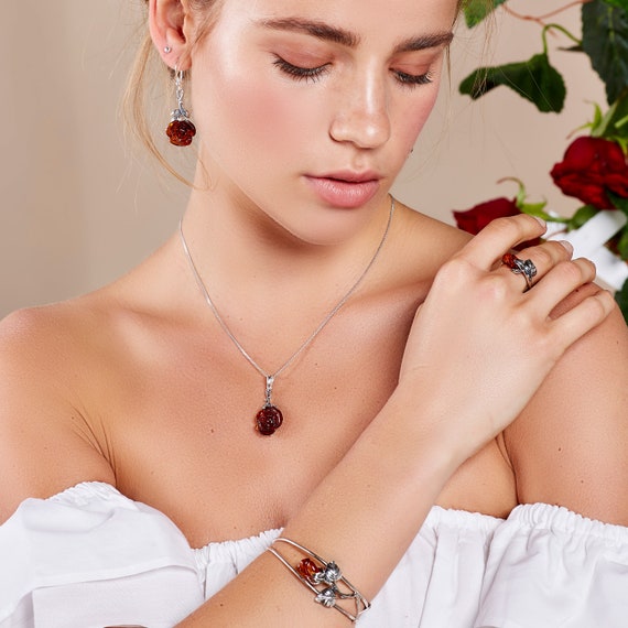 Sterling Silver and Baltic Amber Rose Earrings English Rose
