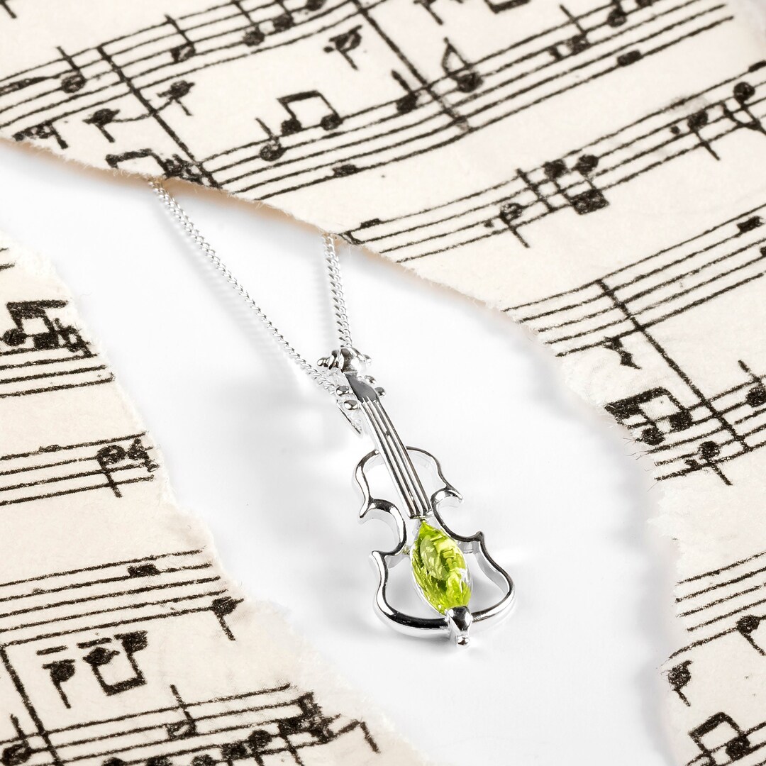 Sterling Silver Violin Necklace in Peridot, Music Necklace, Music Gift