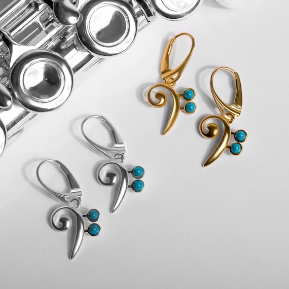 Boucles D'oreilles Argent 925 - Pendentif Clé De Violon Et Turquoise, Fabriqué En Italie