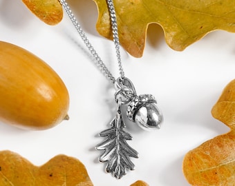 Solid 925 Sterling Silver Acorn and Oak Leaf Necklace, Woodland Jewelry, Nature Lover Gift, Acorn Necklace, Acorn Jewelry, 24ct Gold Plate