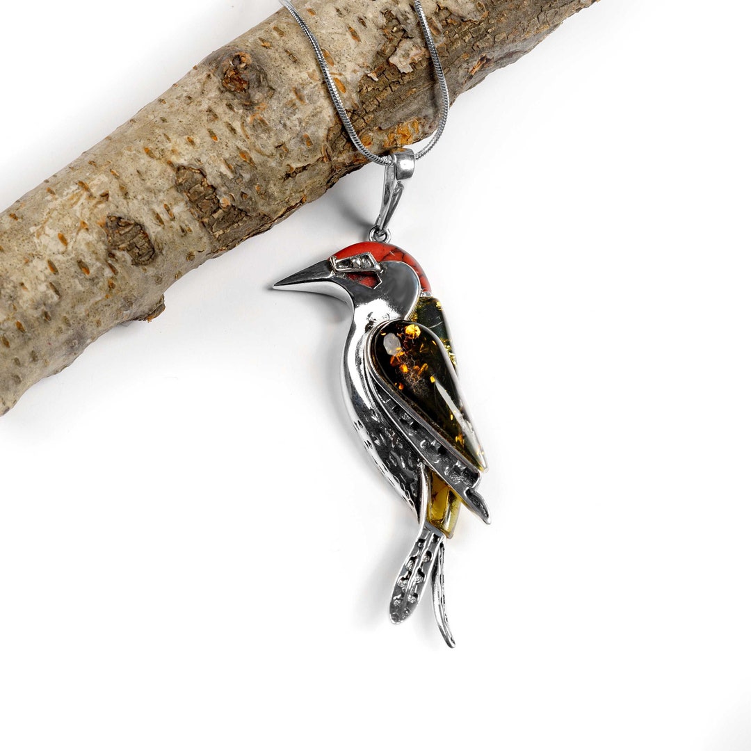 Woodpecker Necklace in Silver and Genuine Green Gemstone Bird Etsy