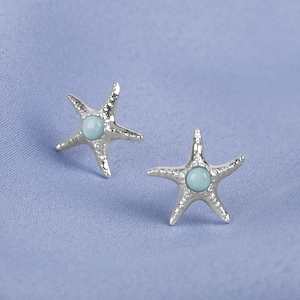 Zeester oorbellen studs in 925 sterlingzilver en larimar, zeester sieraden, cadeau voor haar, nautisch cadeau voor haar, Sea Life sieraden