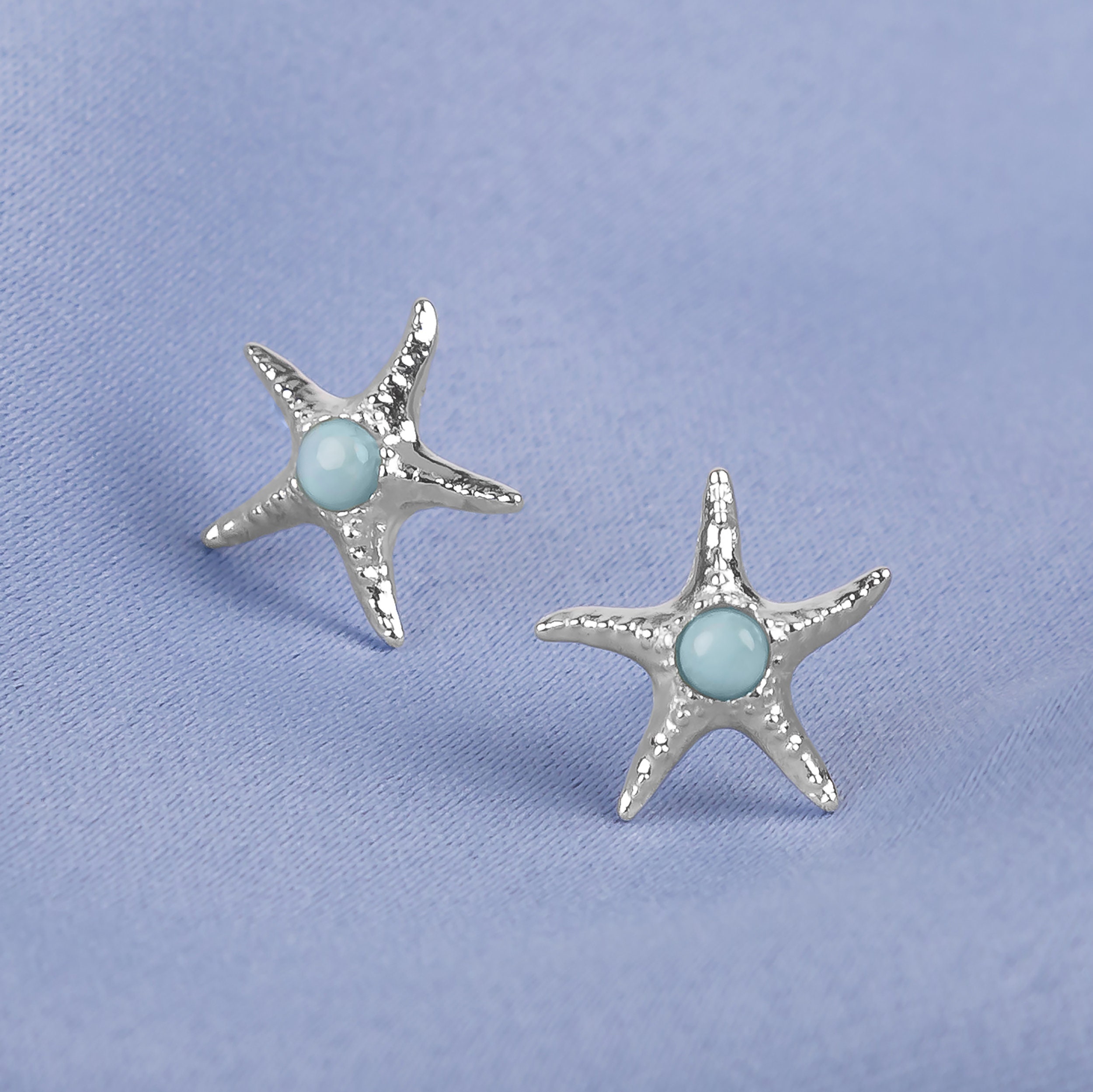Sterling Silver Starfish Stud Earrings: Larimar Sea Life Jewelry