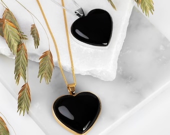 Handmade Black Onyx Heart Necklace: 925 Sterling Silver and 24ct Gold Plate Love Pendant