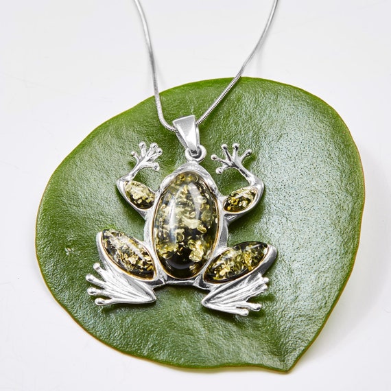 Solid Sterling Silver Frog Necklace in Green Natural Gemstone