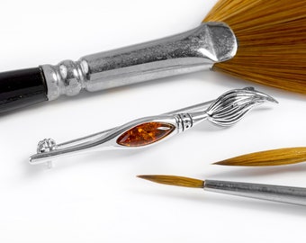 Sterling Silver Paint Brush Brooch with Baltic Amber