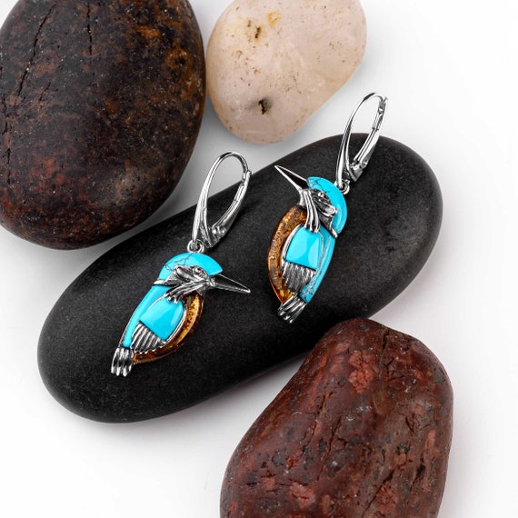 Baltic Amber and Reconsistuted Turquoise Drop Earrings Sterling Silver Baltic Amber and Reconsistuted Turquoise Drop Earrings Sterling Silver