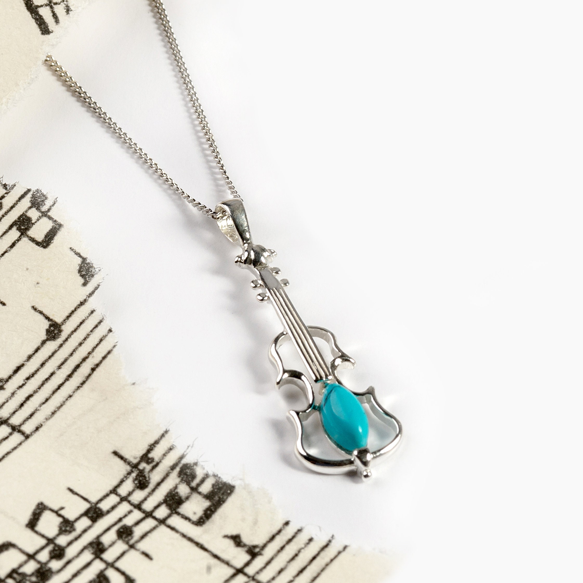 Sterling Silver Violin Necklace in Turquoise Music Necklace Etsy
