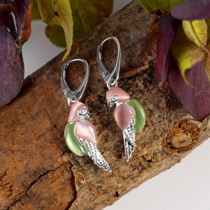 Tropical Parrot Earrings in Sterling Silver, Tropical Parrot Earrings, Gift for Bird Lover, Summer Jewelry, Statement Earrings