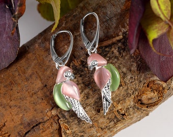 Tropical Parrot Earrings in Sterling Silver, Tropical Parrot Earrings, Gift for Bird Lover, Summer Jewelry, Statement Earrings