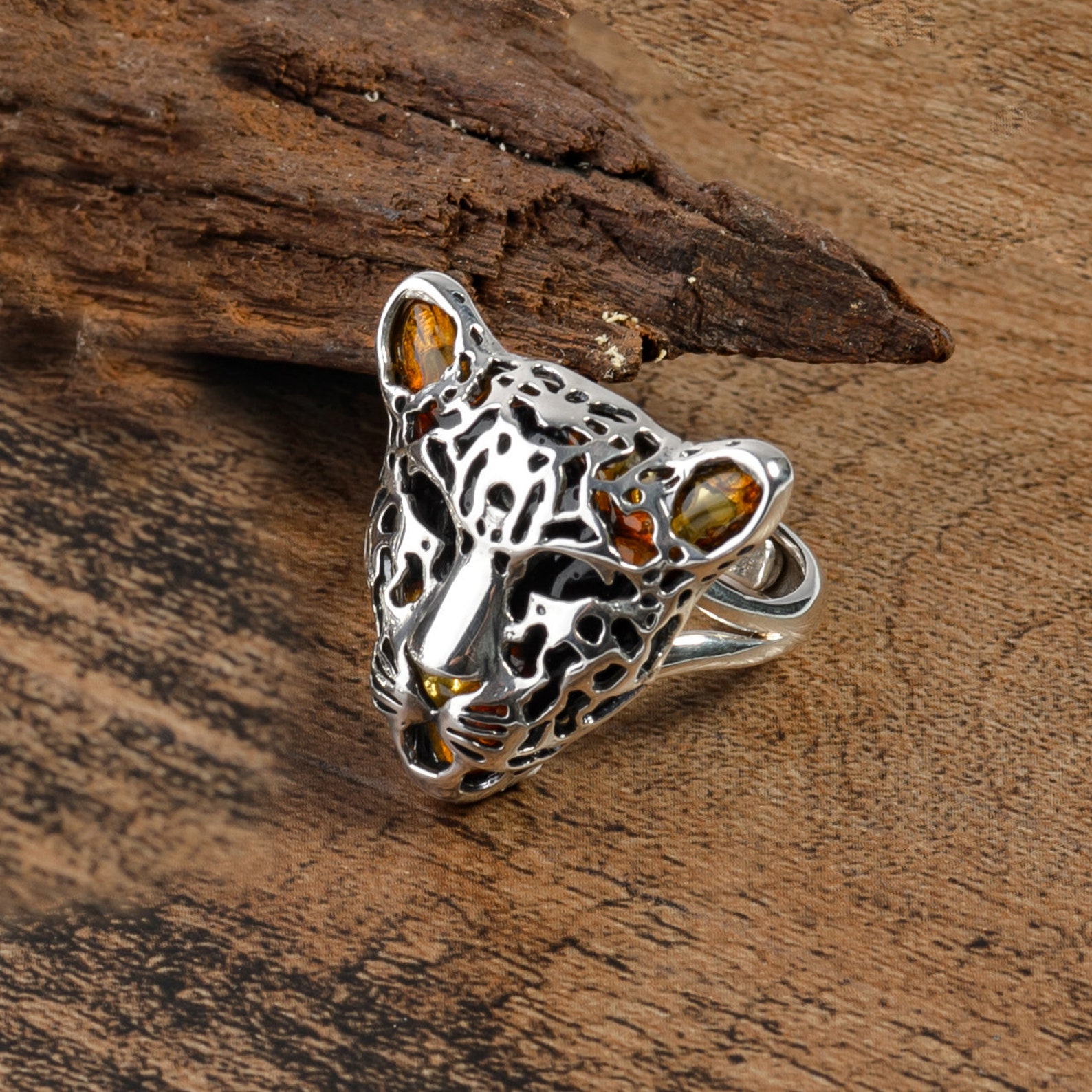 Magnificent Leopard Head Ring in Sterling Silver and Amber Etsy