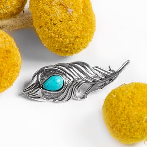 Silber Pfauenfeder Brosche in Türkis, Sterling Silber Feder Pin, Statement Vogel Feder Brosche, Boho Schmuck, Geschenk für Mama