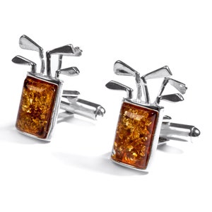 Golf Club Cufflinks in Solid 925 Sterling Silver and Baltic Amber, Golf Bag Cufflinks, Golfer Gifts, Wedding Gift For Him, Fathers Day Gifts image 4