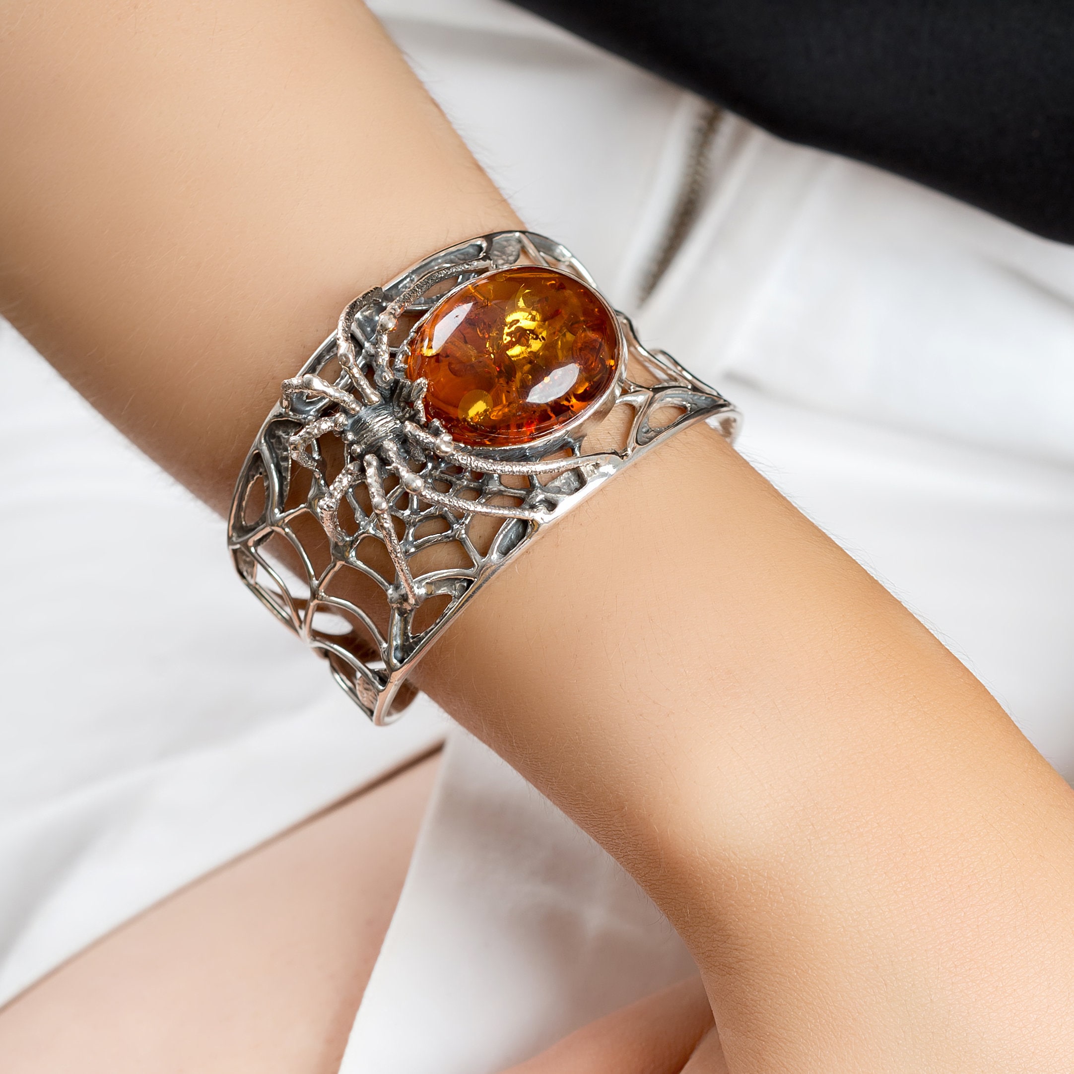 Handmade Sterling Silver Spider Bangle: Baltic Amber Gothic Cuff - Etsy