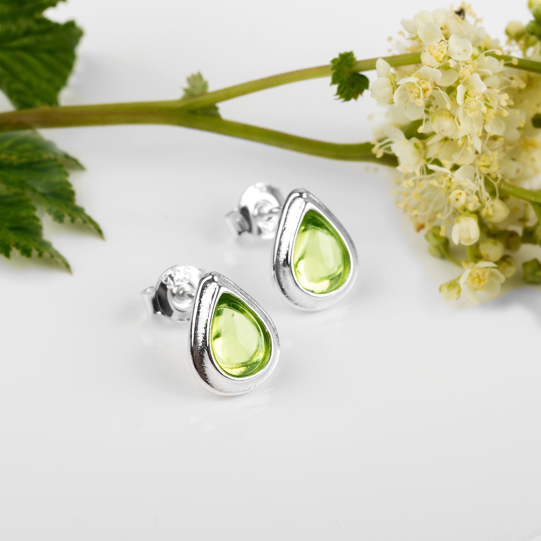 Peridot Teardrop Earrings: Sterling Silver Minimal Studs, August Birthstone